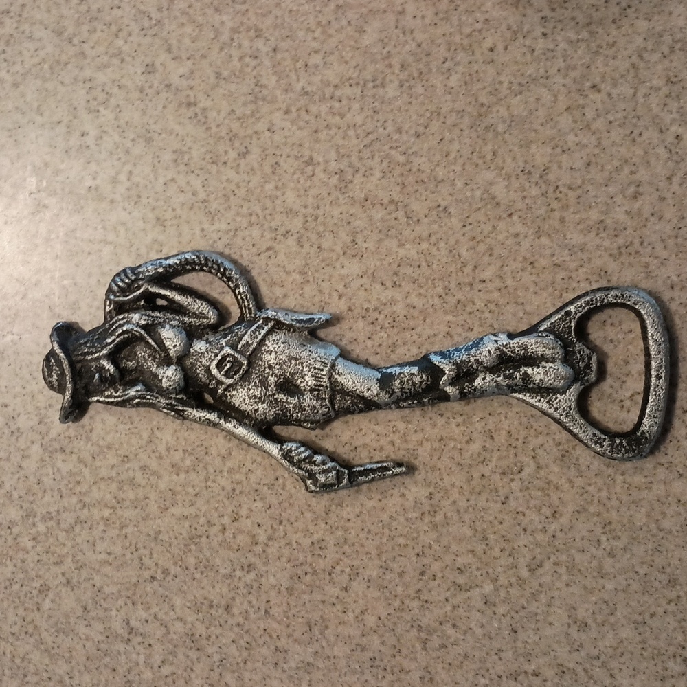 Cast Iron Western Cowgirl Holds Gun Rope Beer Bottle Opener Rustic Decor